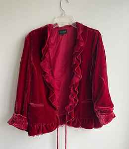 Blazer vintage rouge bordeaux en velours avec franges en soie, à nouer devant, manches longues, doublure, col en V, veste de fête formelle - Product Image 3