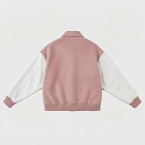Solid Pink Varsity <b>Jacket</b> Unisex Casual Turn-down Collar Regular Sleeve Solid Color Button Front Autumn Wool Polyester - Product Image 2