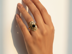 Onyx Floral Statement <b>Ring</b> | <b>Gold</b> Plated Brass <b>Cocktail</b> - Product Image 3