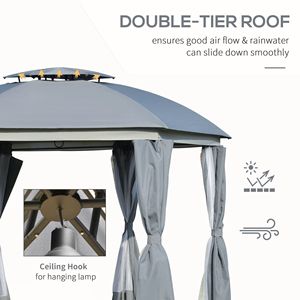Gazebo Moderno 12x12 con Doppio Tetto, Zanzariere e Tende, Porte Impermeabili con Cerniera, in Alluminio e Ferro Grigio per Cortili e Parchi - Product Image 4