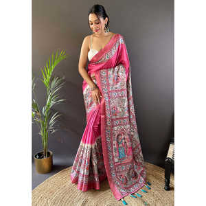 Sari en soie Tussar imprimé Madhubani Elite Weaves avec bordure tissée en zari, couleur rose, pour la mode indienne et pakistanaise - Product Image 3
