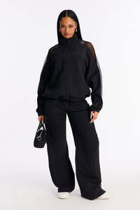 Womens Wide Leg Mesh Panel Track Pants High Waist Casual Streetwear Drawstring Black Pants men's pants - Product Image 3