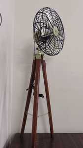 Industrial Iron Floor <b>Fan</b> with Wooden Tripod <b>Stand</b> Circular Grill Design Durable for Indoor/Outdoor Use - Product Image 3