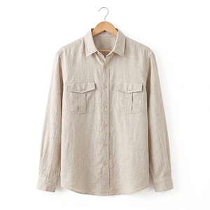 เสื้อเชิ้ตผู้ชายสไตล์ซาฟารี ผ้าฝ้าย 100% ระบายอากาศได้ดี ปักลาย กระเป๋าคู่ สำหรับฤดูร้อน รับผลิตแบบ OEM ODM ขายส่งจากโรงงาน รับผลิตแบรนด์ส่วนตัว - Product Image 2