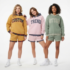 Ensemble 2 pièces en molleton de coton : sweat à capuche à manches longues et short, motif lettres imprimé, coupe décontractée, longueur au-dessus du genou, avec cordon de serrage - Product Image 1