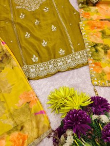 NUEVO LANZAMIENTO: Conjunto Salwar Kameez Étnico de 3 Piezas con Pantalón y Dupatta, en Seda Chinon Pesada, para Fiestas Tradicionales - Product Image 6