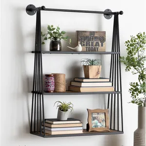 Étagère murale industrielle à 3 niveaux en métal noir avec cadre en bois, présentoir flottant pour salon, cuisine, bureau - Product Image 5