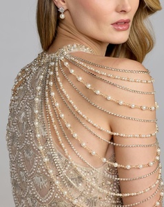 Robe de soirée longue en satin non extensible, coupe trapèze, col montant, asymétrique à une épaule, ornée de perles et brodée, couleur champagne, pour l'été - Product Image 4