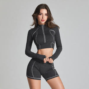 Conjunto Deportivo para Mujer, Top Deportivo, Chaqueta de Manga Larga, Pantalones Cortos de Cintura Alta, Resistente a Impactos - Product Image 1