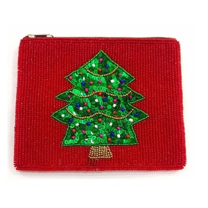 New Arrival Cotton Fabric Beaded Christmas Tree Coin <b>Purse</b> Top Zipper Closure Hand Beaded Multipurpose Mini Pouch Women - Product Image 1