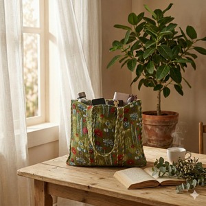 Sac fourre-tout en velours de coton vert fait main, imprimé floral cactus, avec longue anse et fermeture éclair, réutilisable pour les courses, les voyages et l'usage quotidien - Product Image 2