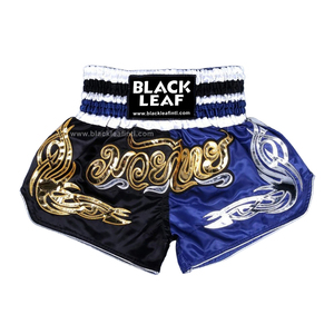 Shorts de boxe Muay Thai bleus avec impression dorée et argentée, broderie à la main, unisexe, pour adultes, vêtements MMA, 100% polyester, légers - Product Image 1