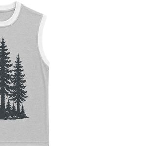 เสื้อกล้ามสีเทาและสีขาวแบบกำหนดเองได้ พร้อมลายพิมพ์กราฟิกป่าสน เสื้อกั๊กผ้าฝ้ายคอกลมสำหรับผู้ชาย ใส่ได้ในฤดูร้อน - Product Image 4