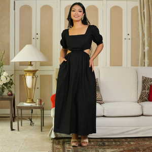 Elegante vestido maxi de lino con corte en la cintura para mujer - Product Image 3