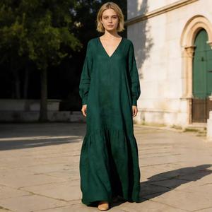 Women Loose Fit Green <b>Boho</b> Maxi <b>Dress</b> <b>Long</b> Sleeve Round Neck Cotton Linen Plain Elegant Summer <b>Dress</b> - Product Image 1