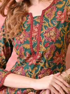 <b>Women</b> Floral Printed Green Cotton <b>Kurta</b> Knee-Length Regular Fit Traditional Ethnic Style Casual Wear India Pakistan All Seasons - Product Image 4