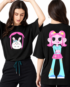 Camiseta gráfica negra extragrande para mujer con estampado de conejita de dibujos animados en la parte delantera y trasera, de manga corta y algodón. - Product Image 1