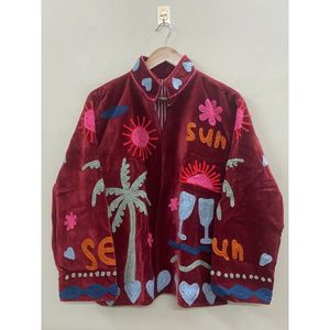 Veste en velours de coton Suzani brodée à la main, écologique, respirante, séchage rapide, automne/hiver, pour femme, style bohème, palmiers, vin - Product Image 2