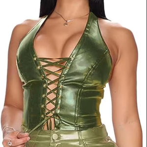 Top de Cuero Personalizado con Logotipo para Mujer, Chaleco sin Mangas de Cuero Genuino, Top Corto Sexy Ajustado para Moda Urbana, Venta al Por Mayor - Product Image 1