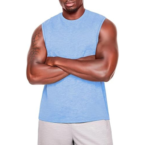 Camiseta sin mangas para hombre, color azul claro, cuello redondo, color sólido, tejido de algodón, chaleco informal, transpirable, para entrenamiento - Product Image 2