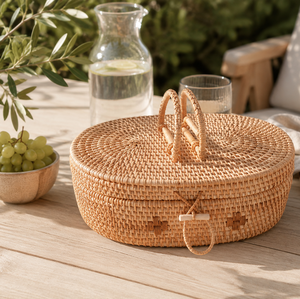 Handwoven Rattan <b>Storage</b> <b>Basket</b> With Handles Natural Wicker Picnic <b>Basket</b> with Lid Food Container for Living Room Organization - Product Image 1