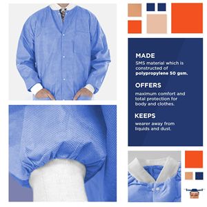 Giacca da laboratorio monouso blu medicale Unisex da 30 pollici lungo 50 Gsm SMS con 3 tasche a scatto con polsini frontali in maglia 100 abbigliamento da lavoro PPE - Product Image 3