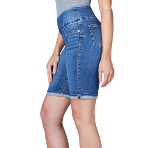 Shorts en jean satiné vintage respirant taille mi-haute pour femme, prix abordable, personnalisables pour filles, délavage clair, fabriqué au Pakistan - Product Image 1