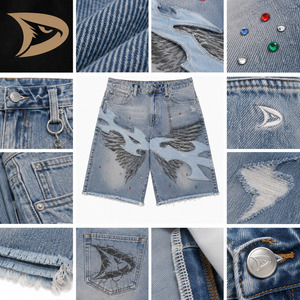 Flame wing rhinestone <b>ice</b> blue denim jorts men Namja baggy Y2K streetwear shorts applique chain <b>ring</b> frayed hem low MOQ - Product Image 5