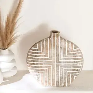 Vase en bois artisanal, haut, décoratif, design mosaïque en bois massif, style moderne rustique, pièce maîtresse pour l'intérieur du salon - Product Image 3