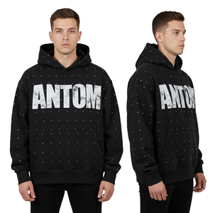 Sweat à capuche personnalisé pour homme, épais, avec strass, style streetwear, imprimé graphique oversize, noir, effet vieilli, livraison directe - Product Image 3