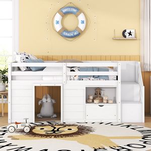 Letto a soppalco basso in legno massello per bambini, con scaletta e cassetto, e mensola bianca - Product Image 5