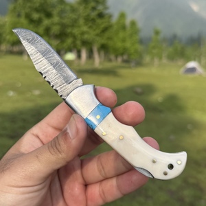 UA Supplies Industrial Grade Damascus Steel Clip Point Folding Knife Straight Edge White Handle 6.5in Overall Length Hunting EDC - Product Image 1