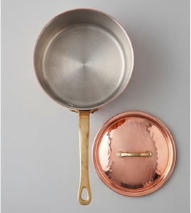 Copper Sauce Pan With Hammered Lid Stainless Steel Interior Brass Handle Minimalist Design For Gas And Induction <b>Cooker</b> Use - Product Image 1