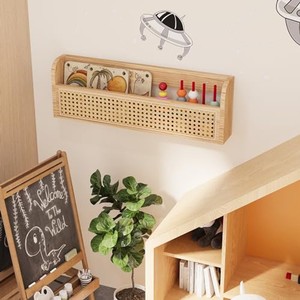 Estante de Pared de Madera de Mango con Panel de Ratán - Almacenamiento Flotante Artesanal al por Mayor - Product Image 3