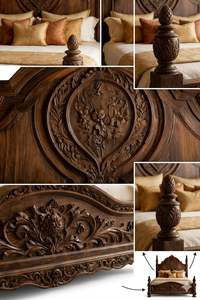 Cama King Size de Madera Maciza Tallada a Mano, Estilo Clásico de Lujo, con Cabecera Alta y Detalles Florales - Product Image 4