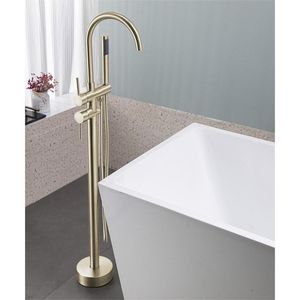 Miscelatore per vasca da bagno a pavimento in oro spazzolato ad alta portata con doccetta, rubinetteria moderna per vasca e doccia - Product Image 1
