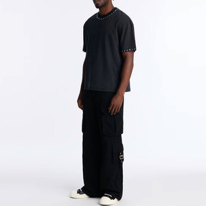 Oversized Black Cotton T-Shirt O-Neck <b>Short</b> <b>Sleeve</b> Rhinestone Detail Street Style Solid Color Regular Fit Rhinestone T-Shirt - Product Image 4
