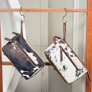 Hair-On Cowhide Leather Toiletry <b>Bags</b> with Zipper Closure Front <b>Zip</b> Pocket, Handle & Base Feet Travel Cosmetic Organizer Pouch - Product Image 5