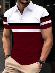 Men's Short Sleeve Color Blocked Contrast Trim Slim Fit Casual Knitted Front Logo Breathable 100% Cotton Shirt White <b>Navy</b> Red - Product Image 2