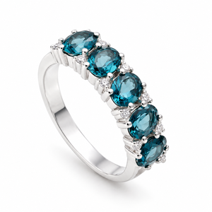 Anillo de Plata de Ley 925 con Cinco Topacios Azules Ovalados de Londres de 6x4mm, Joyería Elegante con Piedras Preciosas, Regalo de Aniversario para Mujer, Estilo Cóctel - Product Image 5