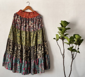 Women's Summer Bohemian Style Silk Maxi <b>Skirt</b> Flowy <b>Patchwork</b> Tiered Layer Casual Comfortable High Waist - Product Image 1