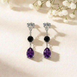 Purple Amethyst Pear & Black Obsidian <b>Earrings</b> Gemstone Dangle Stud <b>Earrings</b> Elegant Minimalist Jewelry Gift For Her - Product Image 1