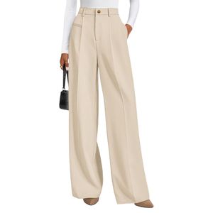 Pantalon de tailleur beige sur mesure pour femme, en coton et polyester, coupe large, taille haute, style minimaliste pour le bureau - Product Image 5