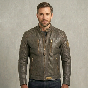 Nouveautés : Blousons motards décontractés pour hommes à col montant en cuir d'agneau véritable avec fermeture éclair et quatre poches pour l'hiver 2026 - Product Image 1