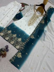 Conjunto de top de georgette con bordado de diseño, pedrería Kundan y relleno bicolor, con pantalón y dupatta, completamente cosido. - Product Image 5