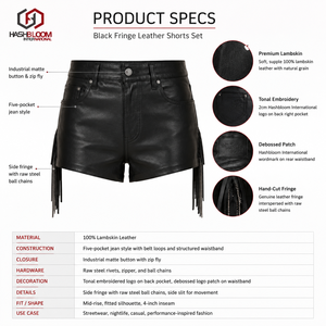 Shorts en cuir extensible personnalisés pour femme, noir mat, 5 poches, franges industrielles, en peau de mouton, style audacieux, OEM, coupe ajustée, taille mi-haute, toutes saisons - Product Image 5