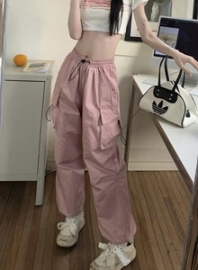 Pantalon cargo pour femme, taille haute, 100% coton, toile, uni, broderie, multi-poches, léger, jambe large, décontracté, automne - Product Image 4