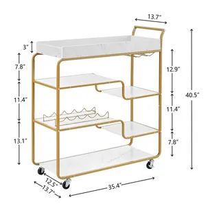 Modern Gold Metal Bar Cart with Marble Top Multi Tier Rolling Serving Trolley for Party and Home Use - Product Image 3