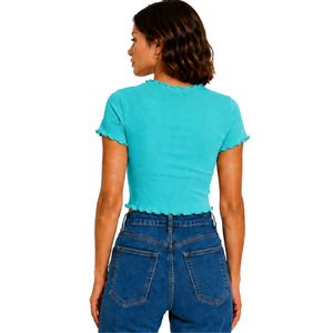 Camiseta Corta Acanalada Turquesa para Mujer, Manga Corta, Ajuste Ceñido, Dobladillo Ondulado, Algodón Elástico con Spandex, Top Casual de Verano, Moda Urbana - Product Image 2