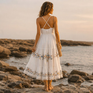 Vestido Maxi Boho Bordado de Algodón para Mujer, 100% Algodón Tejido, Transpirable, Antipilling, Vestido Étnico de Verano - Product Image 5